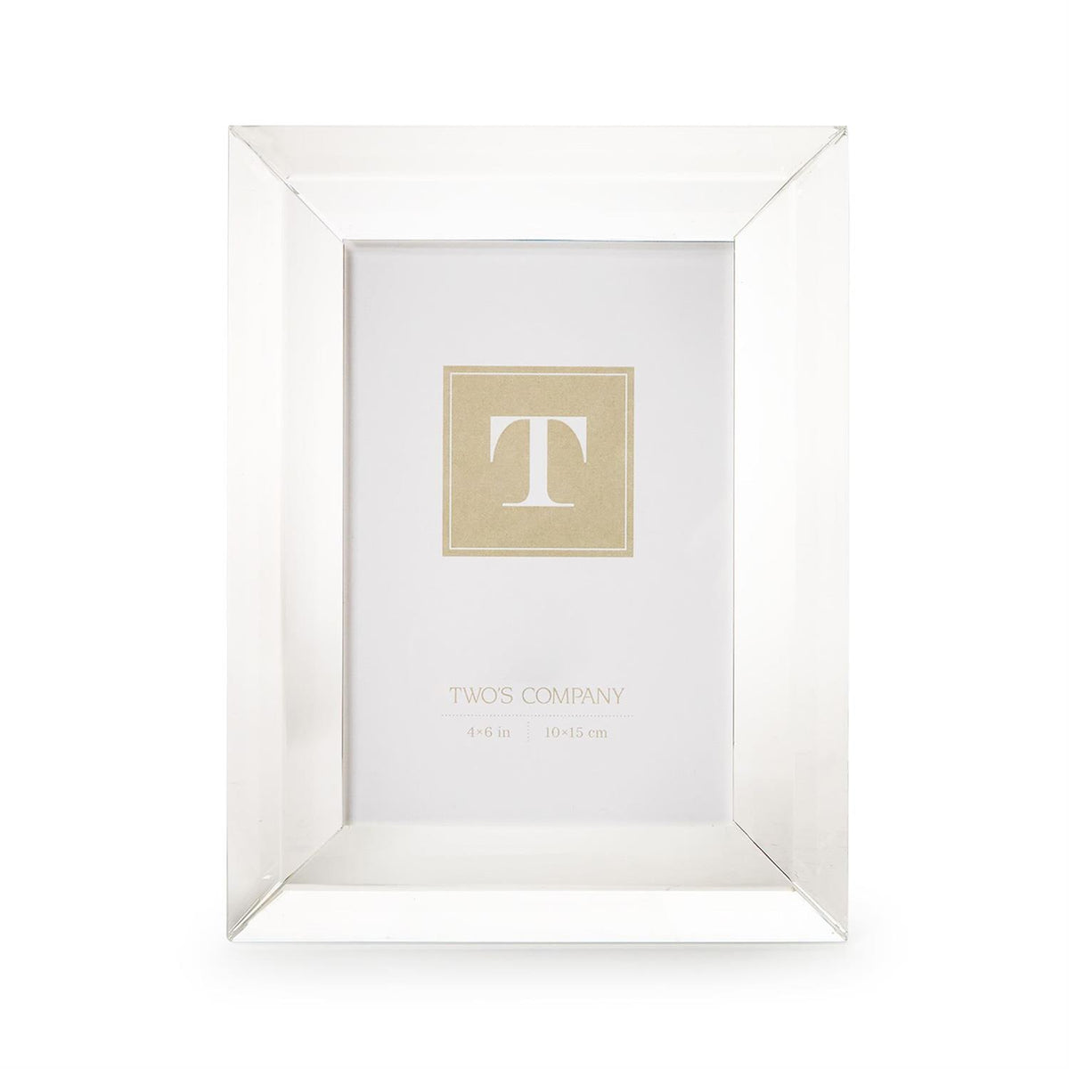 Modern cut clear crystal 4x6 picture frame with a wide beveled border, standing upright