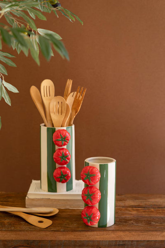 Ceramic Green Striped Vases with Tomatoes