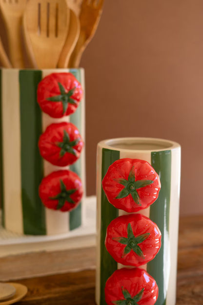 Ceramic Green Striped Vases with Tomatoes