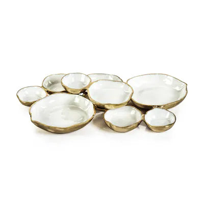 Cluster of Eight Round Serving Bowl, Gold w/ White Enamel