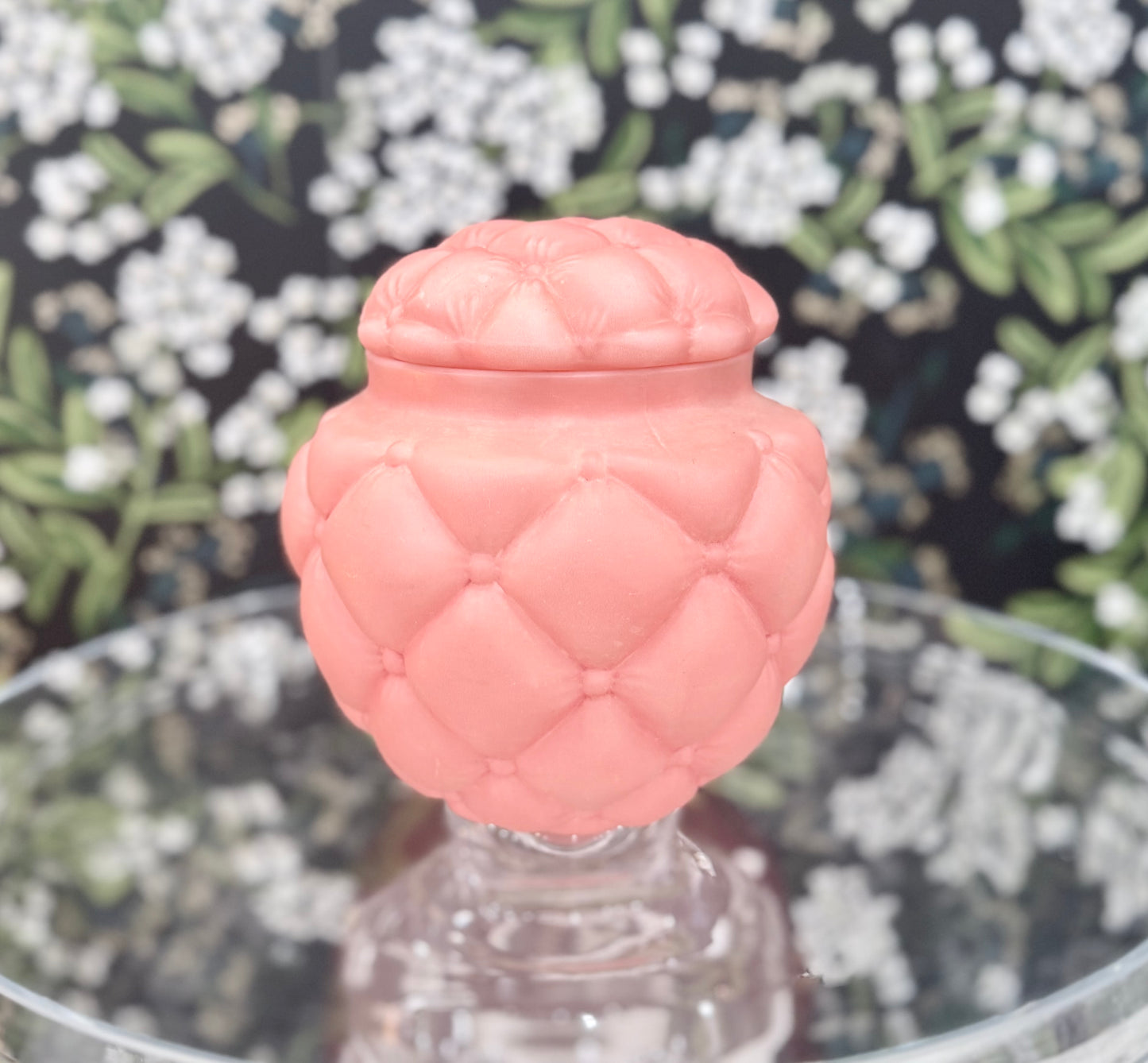 Vintage Consolidated Glass Florette Quilted Satin Pink Biscuit Jar w/ Lid