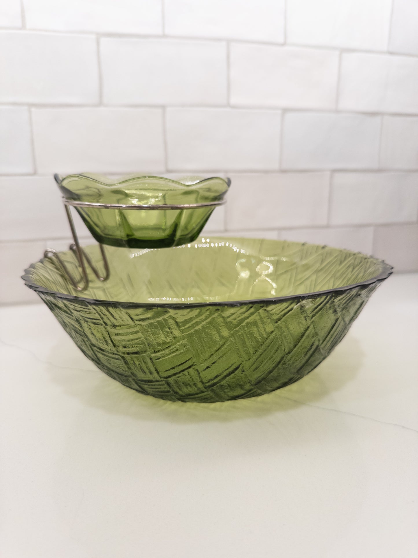 Vintage Indiana Avocado Green Basketweave Chip and Dip Set