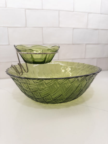 Vintage Indiana Avocado Green Basketweave Chip and Dip Set