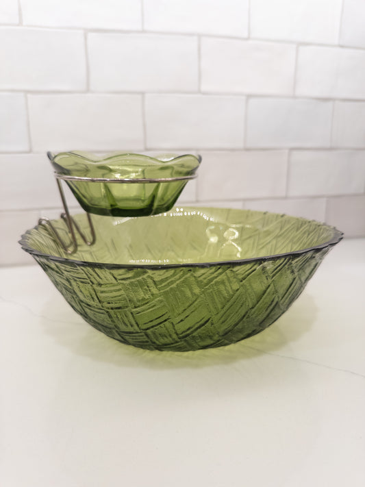 Vintage Indiana Avocado Green Basketweave Chip and Dip Set