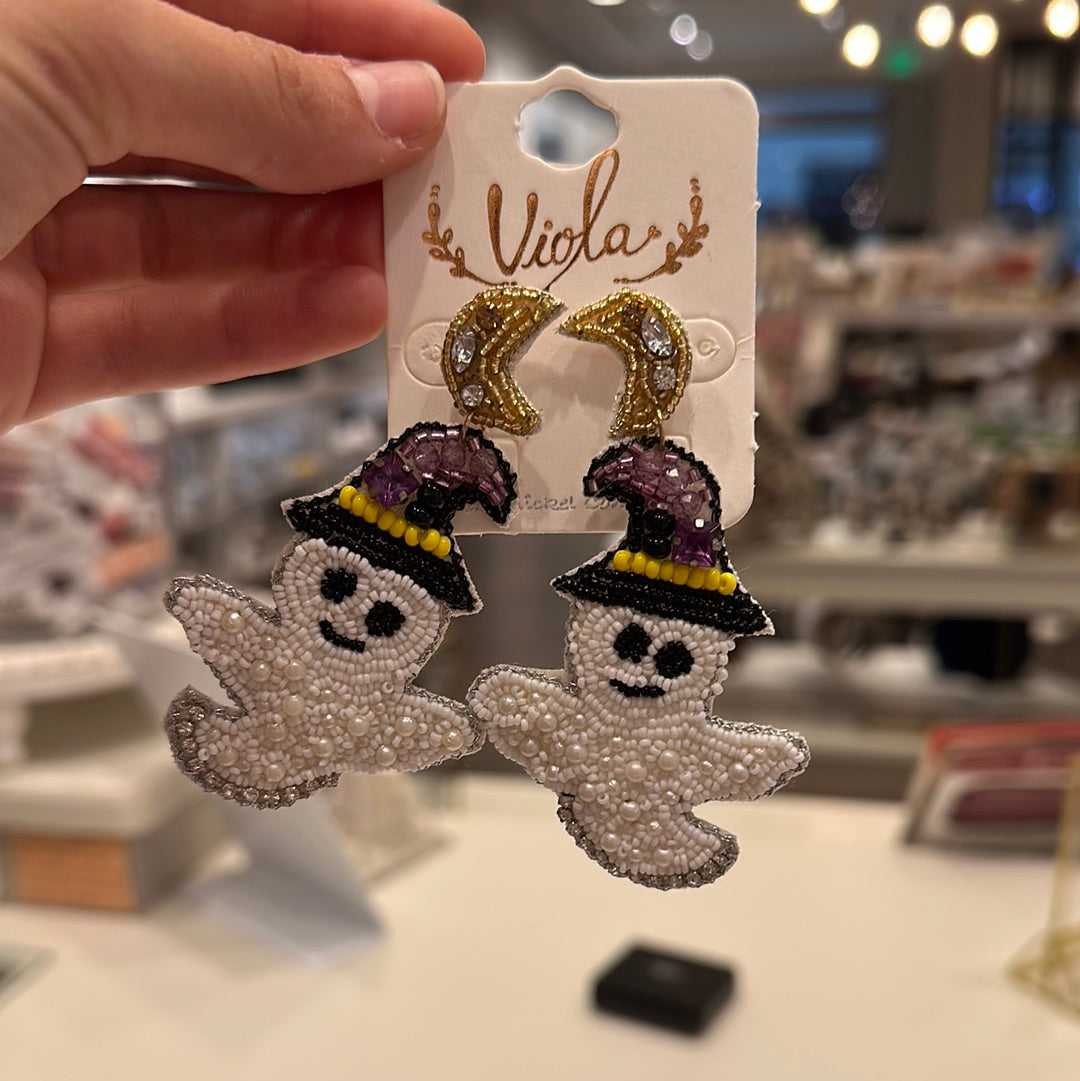 Ghost w/ Witch hat & Moon Beaded Earrings