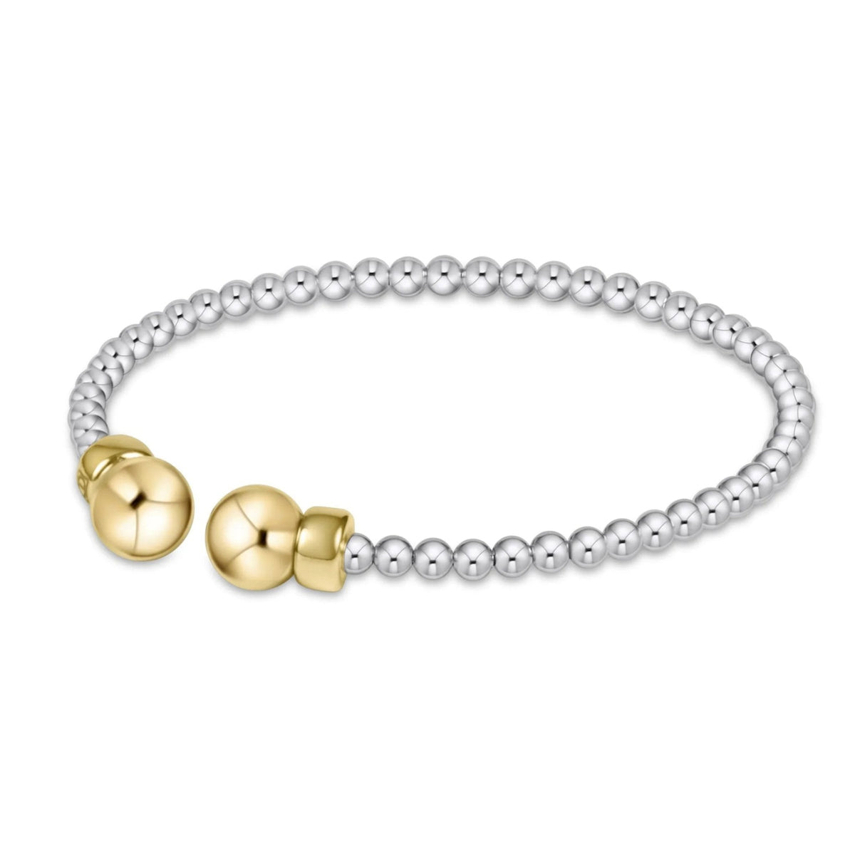 enewton Classic Mixed Metal 3mm Bead Cuff in Gold, sterling silver beaded cuff with gold ball ends on a white background