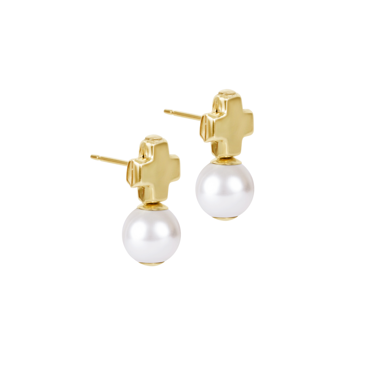enewton Signature Cross Small Gold Stud Earrings in Classic Pearl pair shown on white