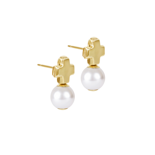 enewton Signature Cross Small Gold Stud Earrings in Classic Pearl pair shown on white
