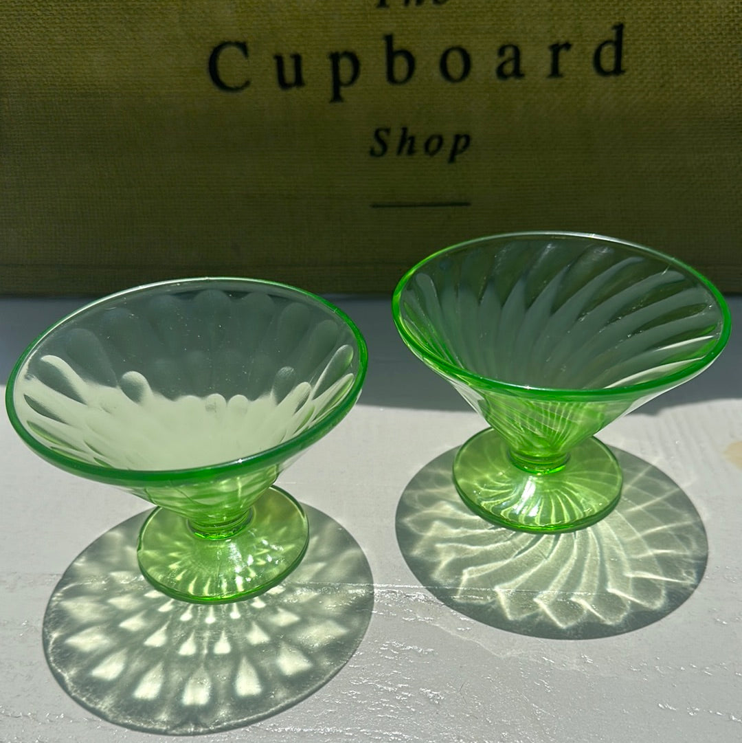 Green Federal Vaseline Glass Footed, Set of 2
