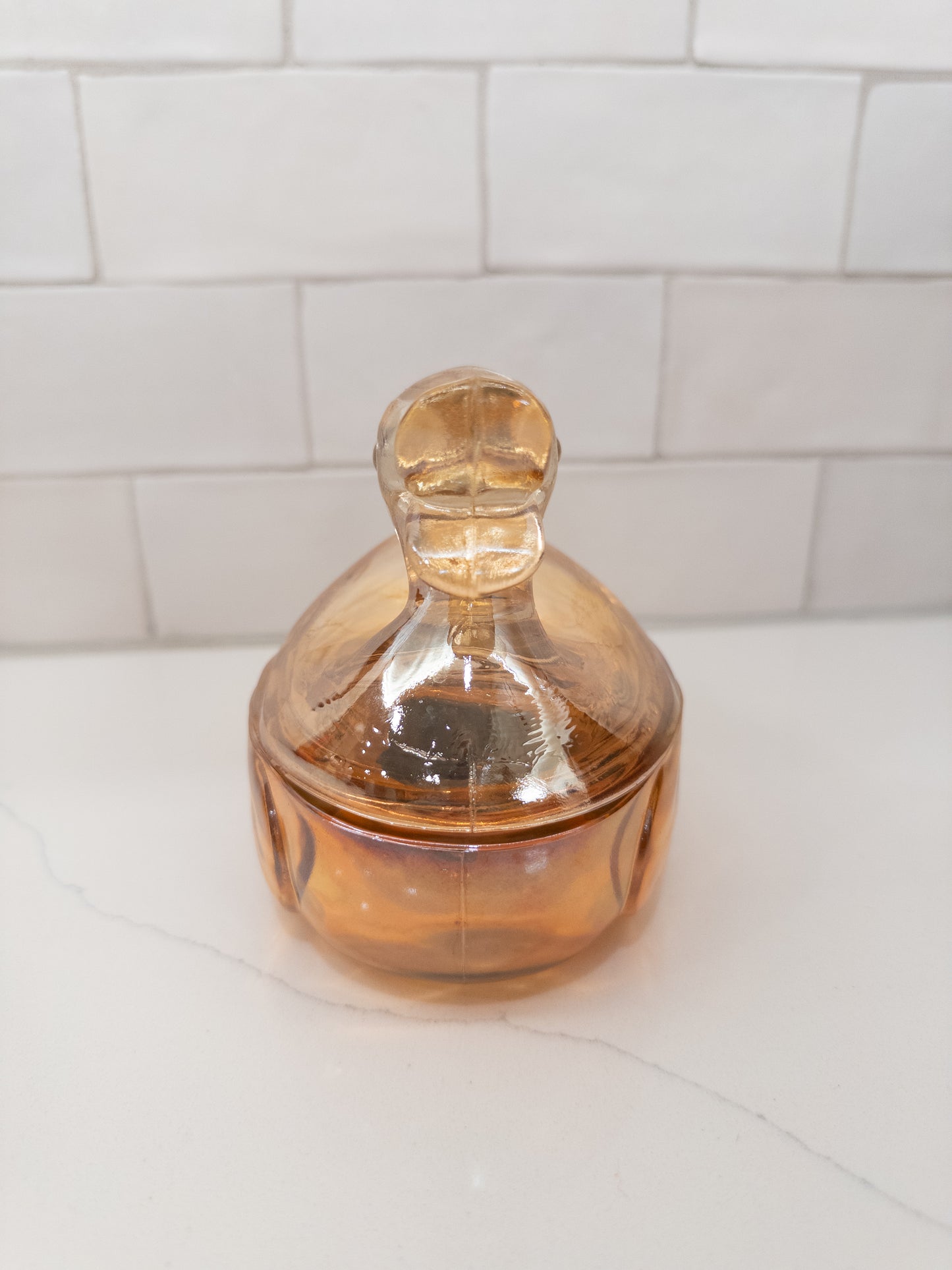 Vintage Marigold Carnival Glass Duck Lidded Candy Dish