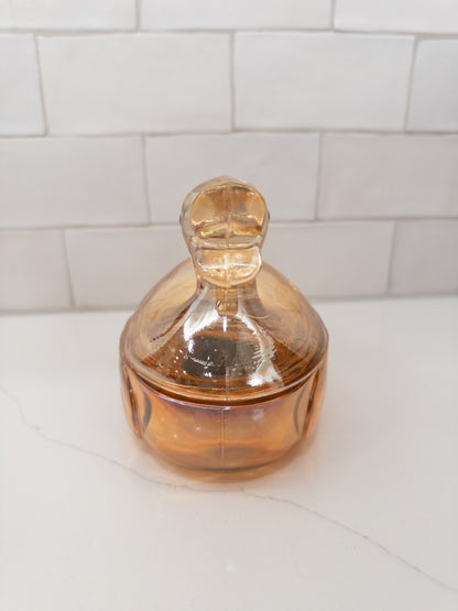 Vintage Marigold Carnival Glass Duck Lidded Candy Dish