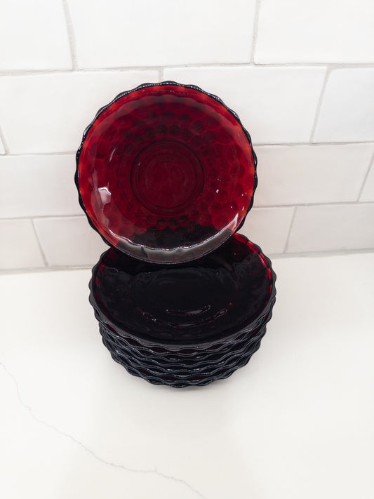 S/9, Vintage Bubble Ruby Red Tea Cup Saucers