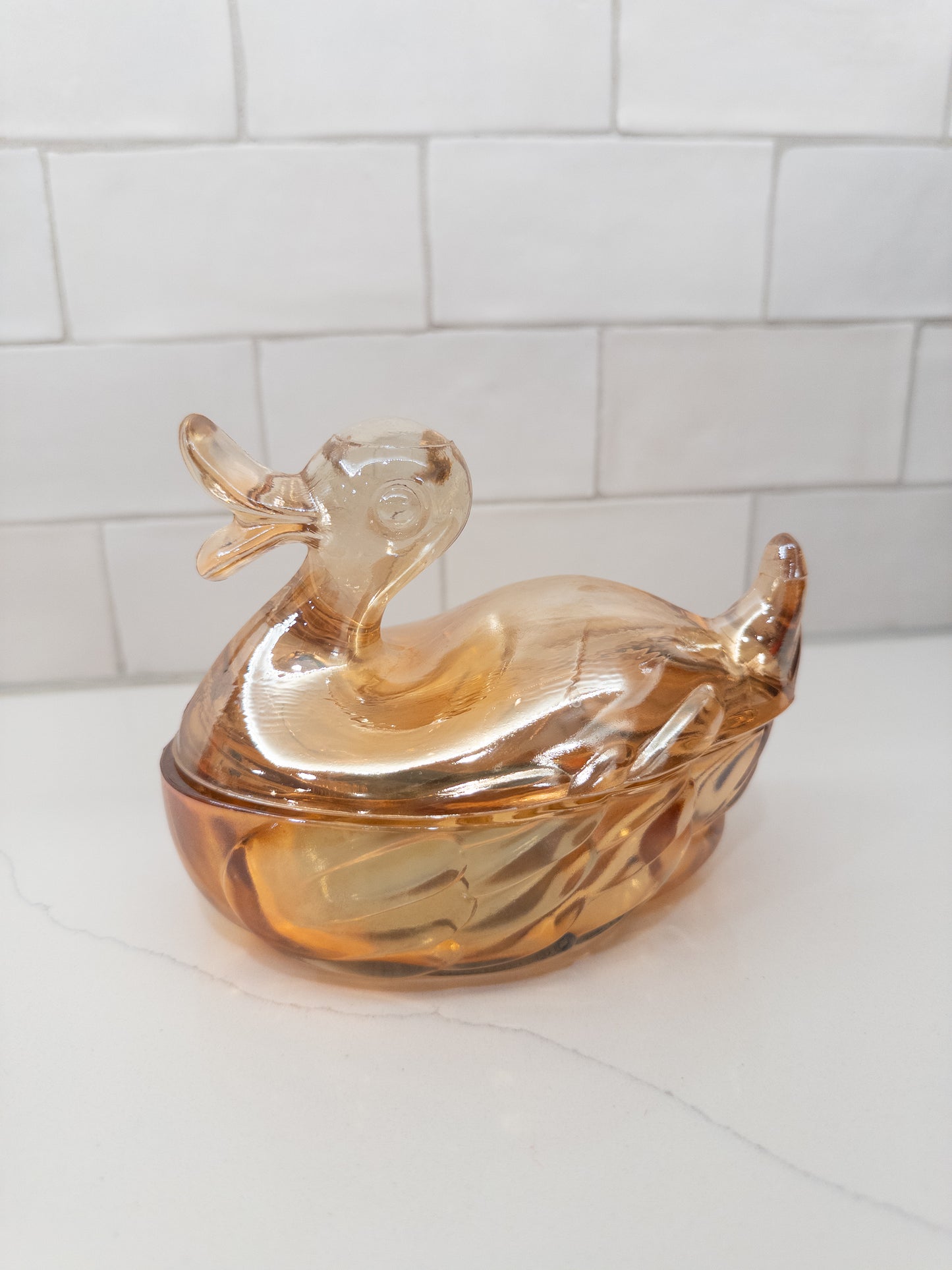 Vintage Marigold Carnival Glass Duck Lidded Candy Dish