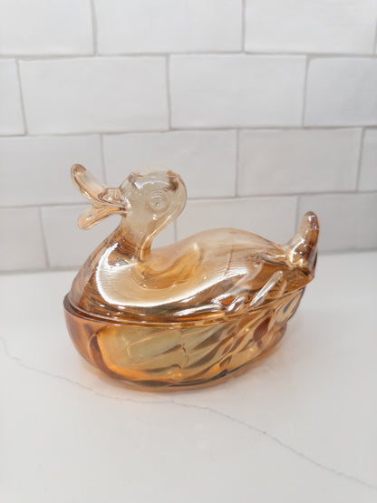 Vintage Marigold Carnival Glass Duck Lidded Candy Dish