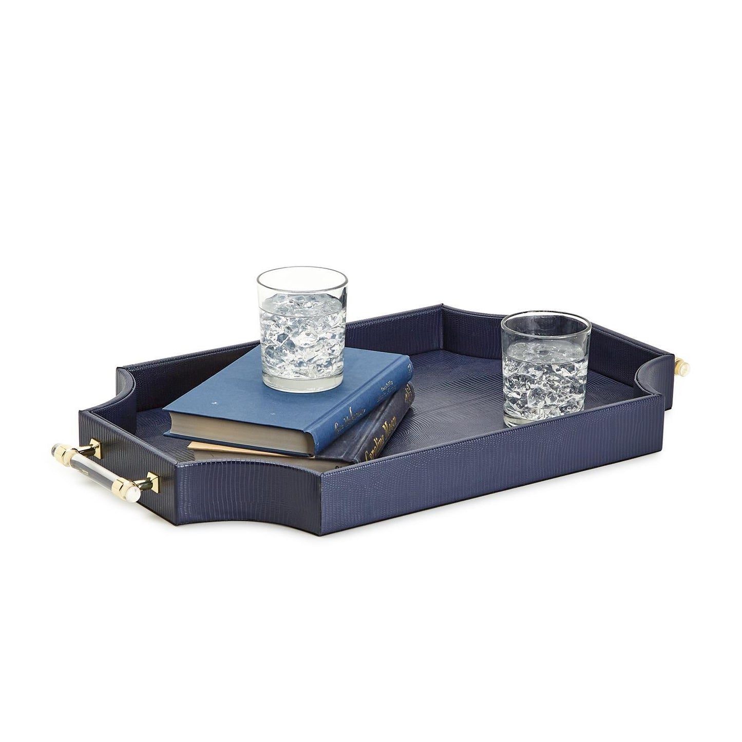 Regency Decorative Navy Rectangle Tray with Scallop Sides and Gold Accent Acrylic Handles