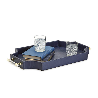 Regency Decorative Navy Rectangle Tray with Scallop Sides and Gold Accent Acrylic Handles