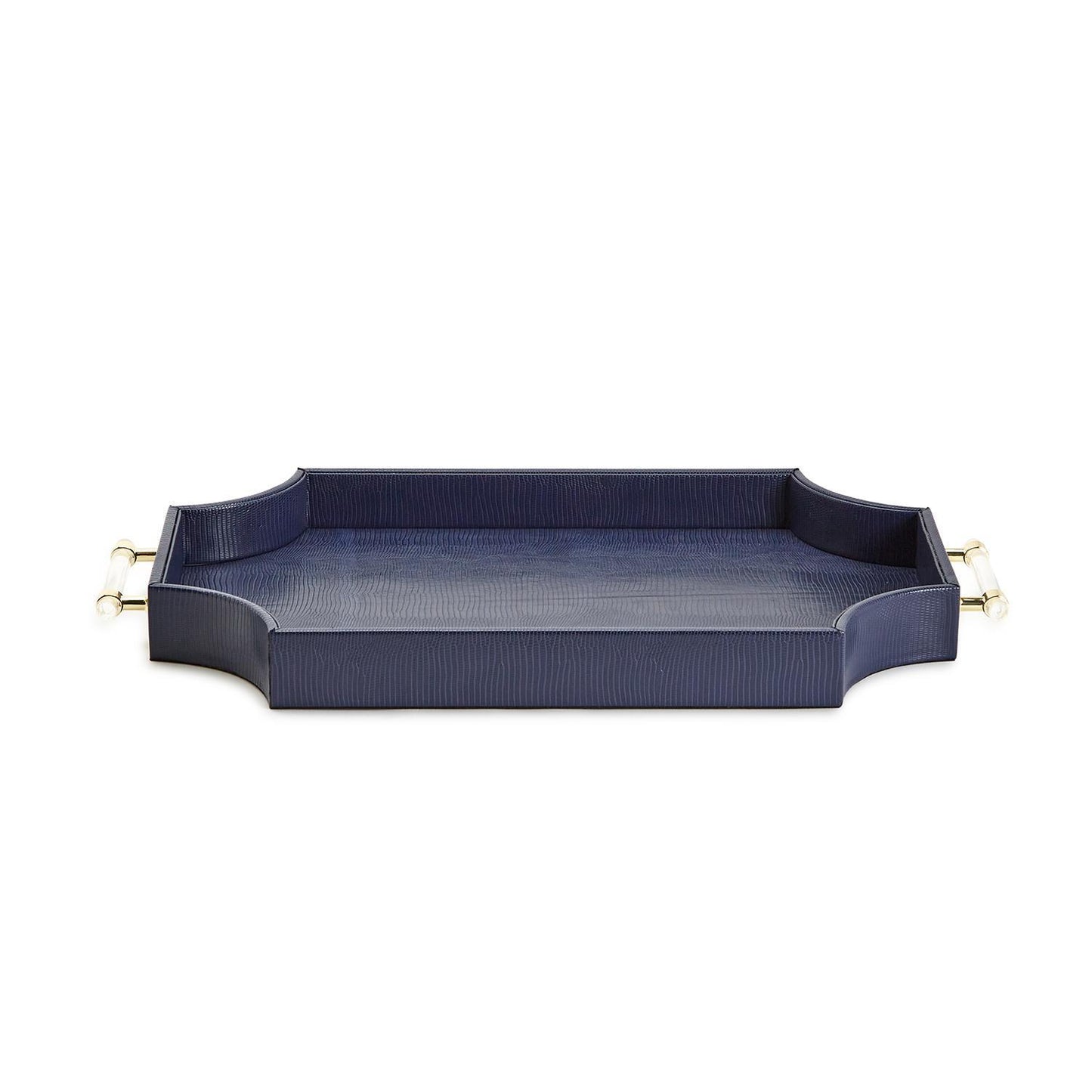 Regency Decorative Navy Rectangle Tray with Scallop Sides and Gold Accent Acrylic Handles