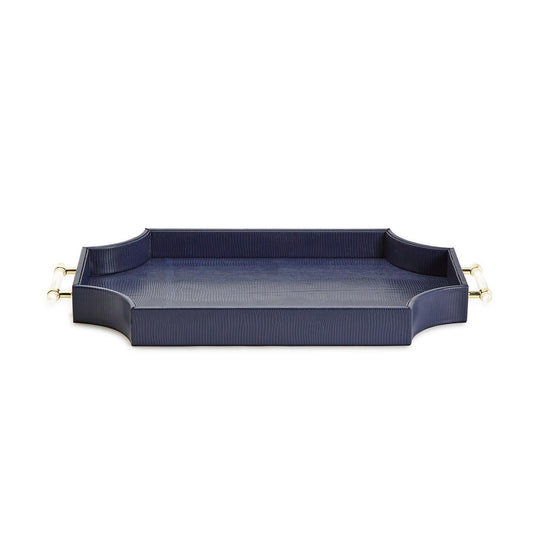 Regency Decorative Navy Rectangle Tray with Scallop Sides and Gold Accent Acrylic Handles