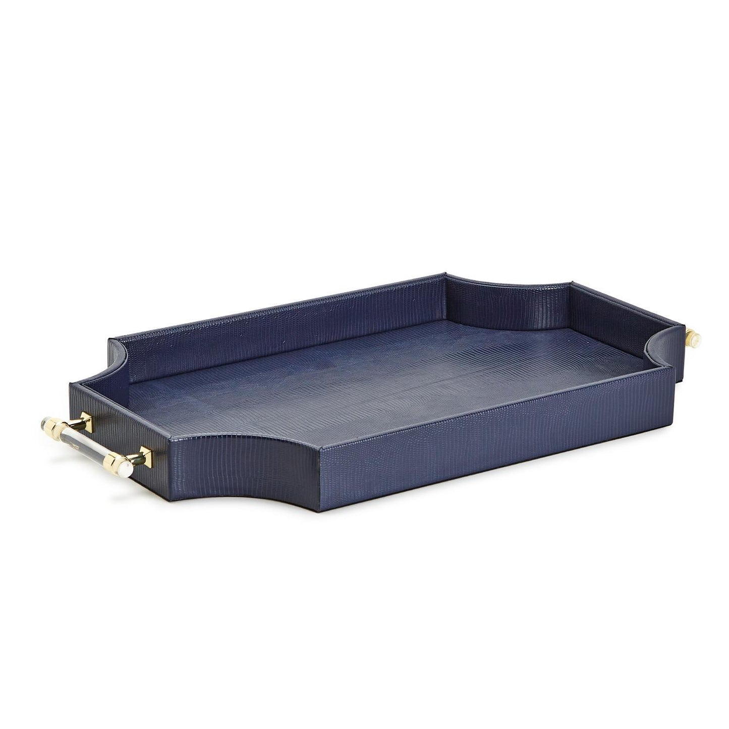 Regency Decorative Navy Rectangle Tray with Scallop Sides and Gold Accent Acrylic Handles