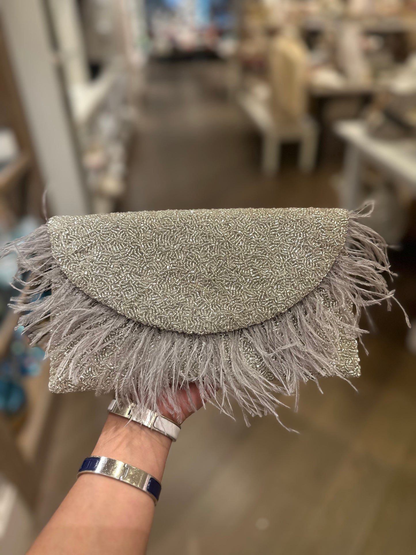 Beaded Clutch W/ Feathers & Strap