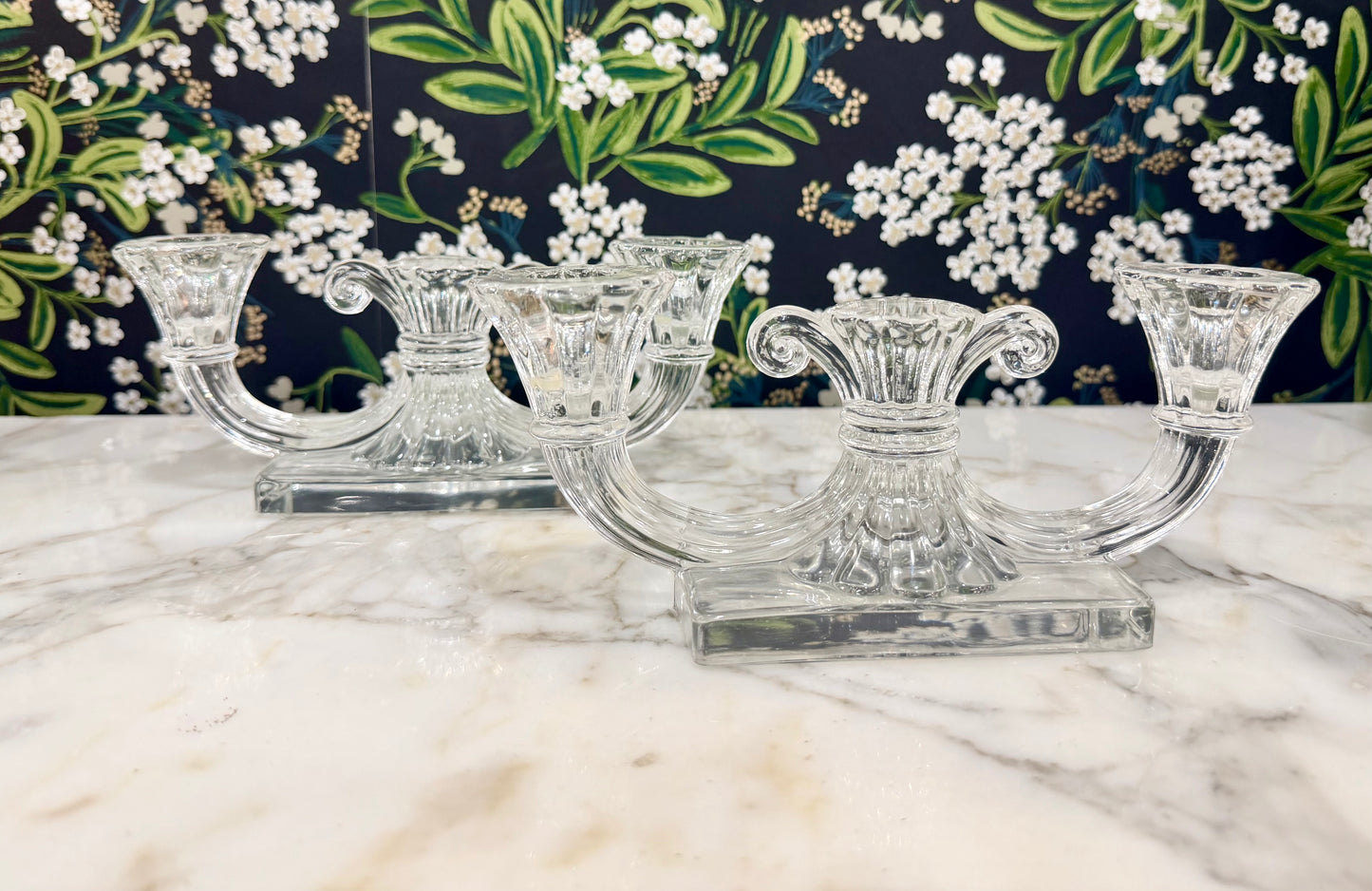 Set of 2, Vintage Heisey Regency Clear Pressed Glass Double- Light Candlesticks