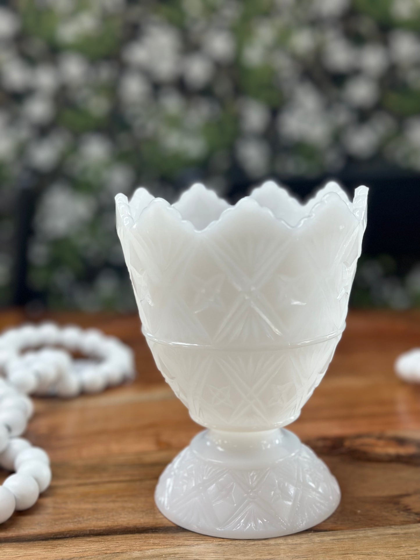 Vintage E.O. Brody Embossed Footed Milk Glass Vase