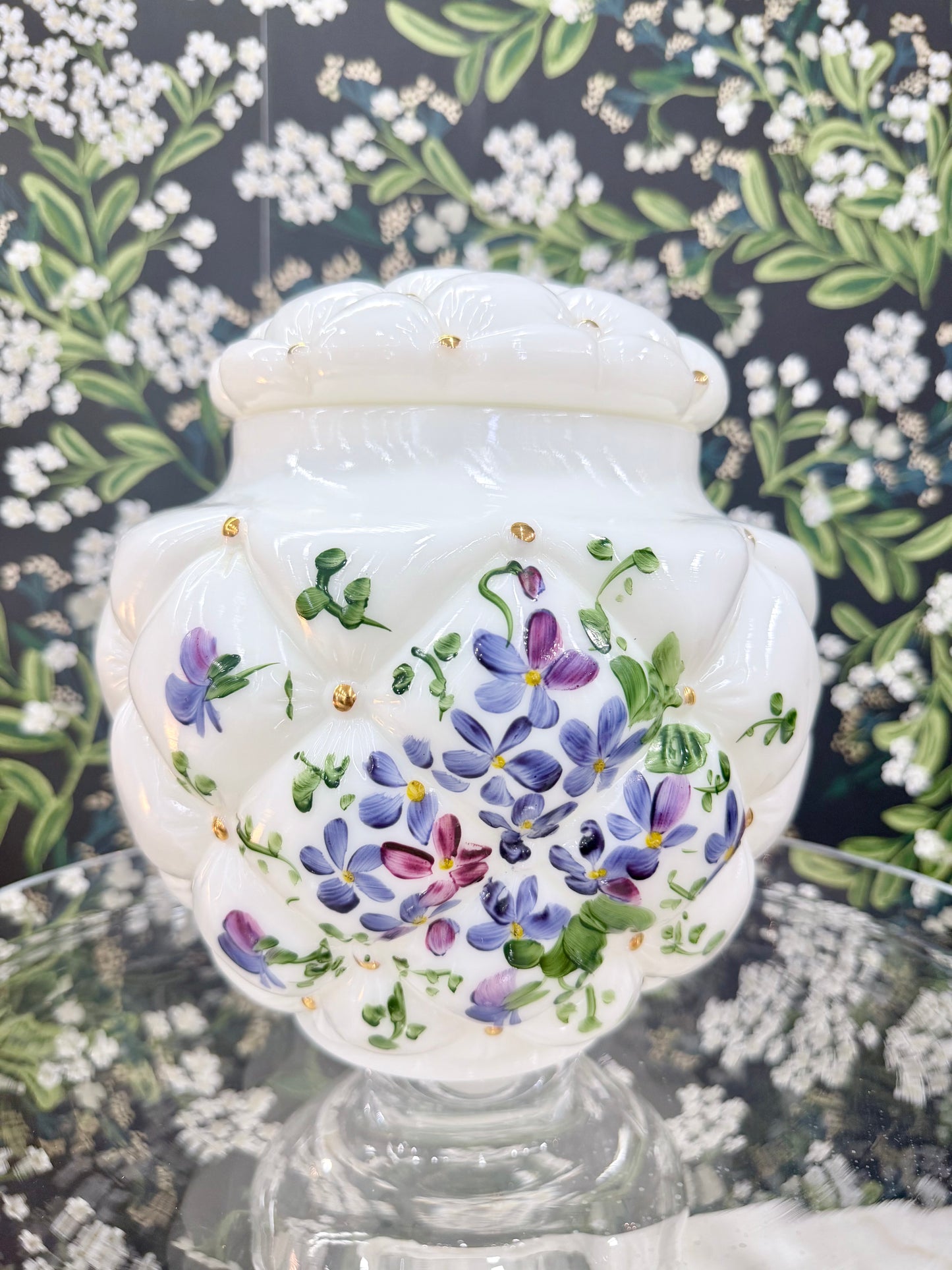 Vintage Fenton Tufted Quilt Biscuit Jar w/ Hand-Painted Violets