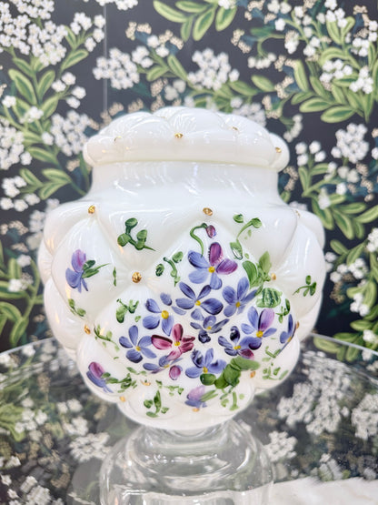Vintage Fenton Tufted Quilt Biscuit Jar w/ Hand-Painted Violets