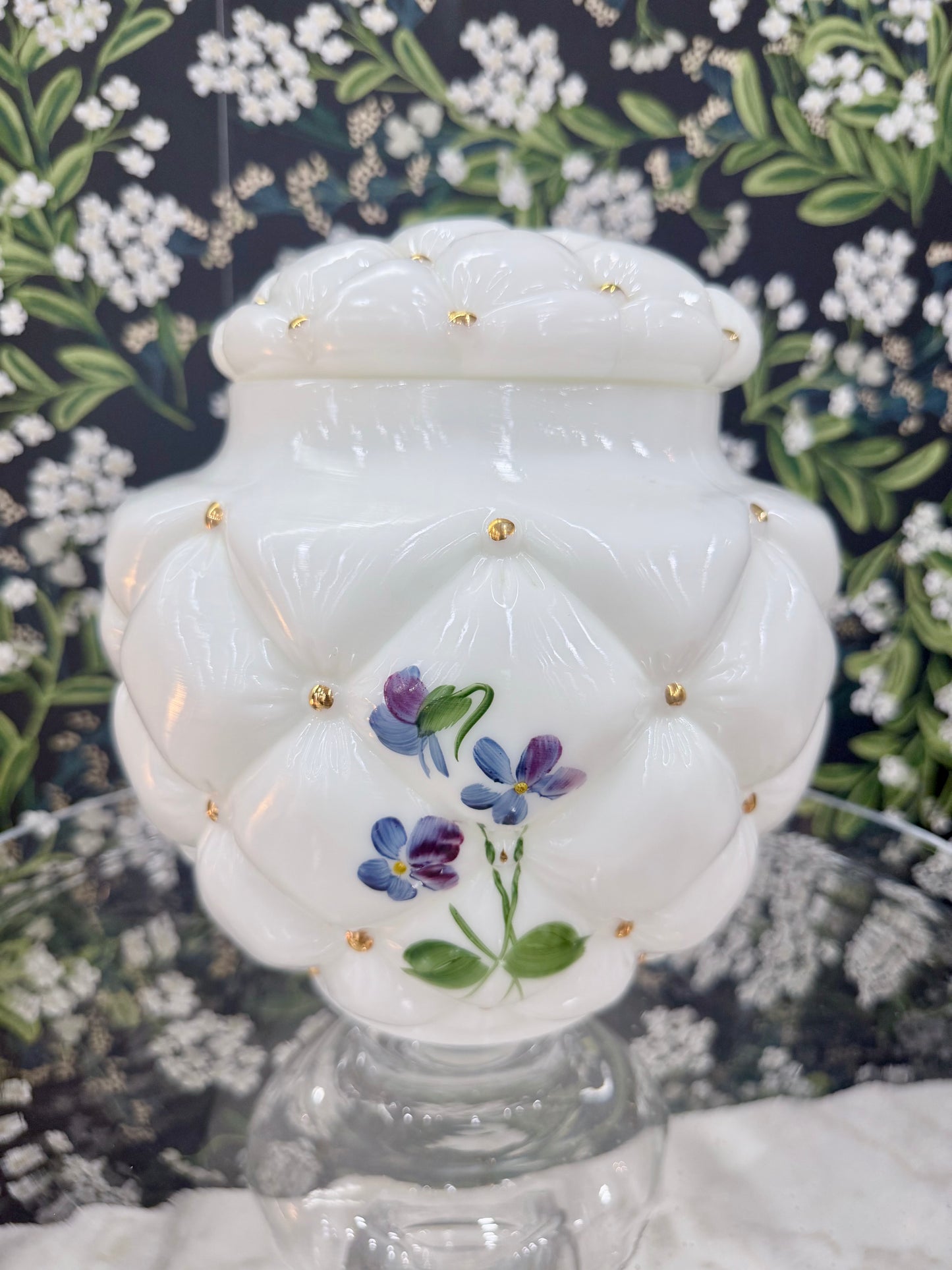 Vintage Fenton Tufted Quilt Biscuit Jar w/ Hand-Painted Violets