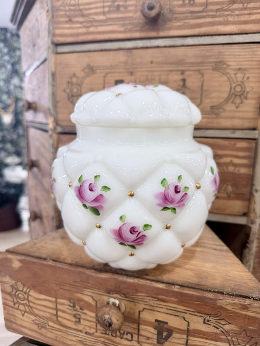 Vintage Consolidated Milk Glass Biscuit Jar w/ Hand Painted Roses