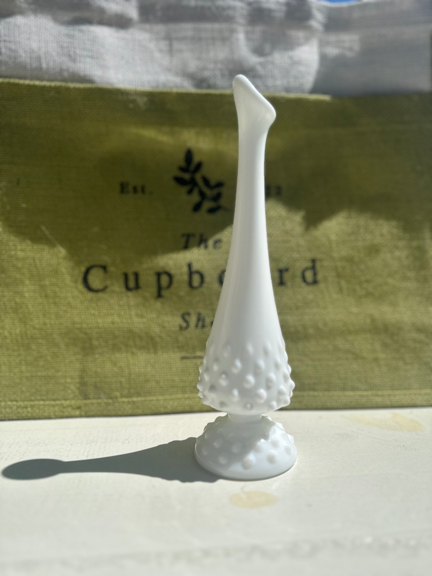 Vintage Fenton White Hobnail Glass Footed Swung Bud Vase