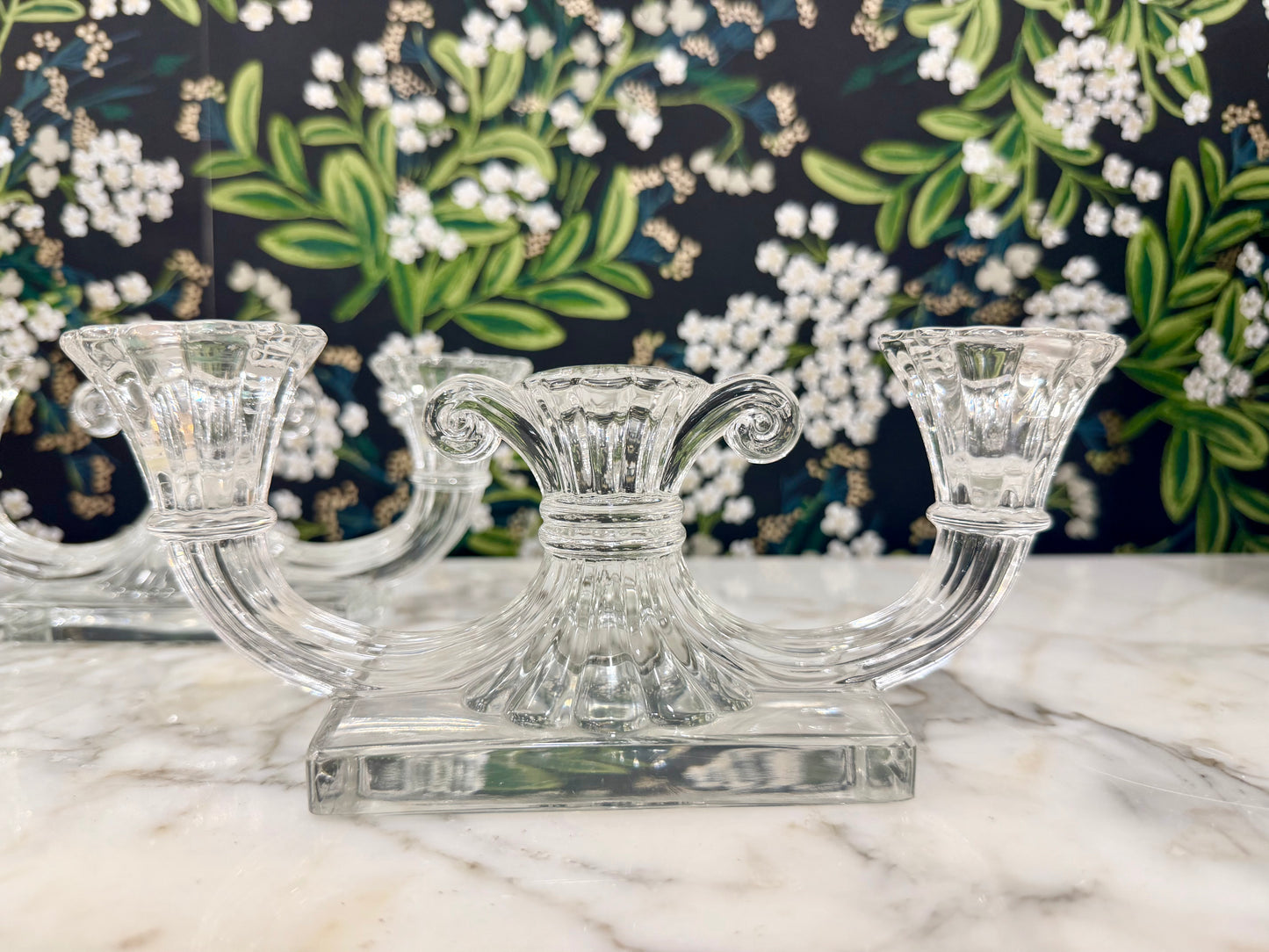 Set of 2, Vintage Heisey Regency Clear Pressed Glass Double- Light Candlesticks