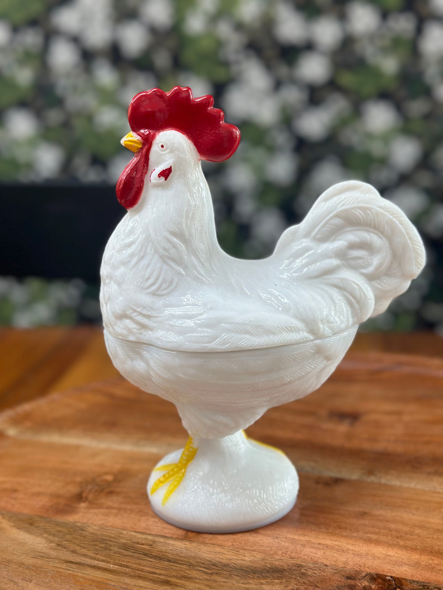 Vintage Westmoreland Painted Rooster Milk Glass Covered Dish