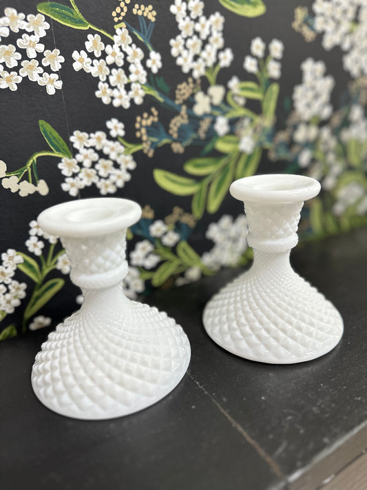 Pair of 2, Vintage Milk Glass Westmoreland Diamond Cut Candlesticks