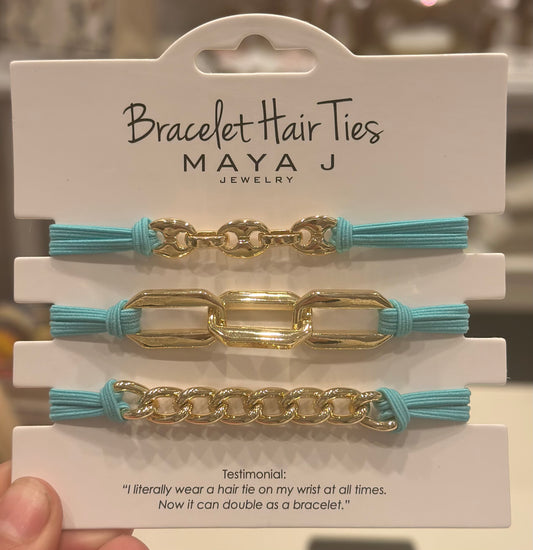 Bracelet Hair Tie - Blue Elastic Cord Gold Links