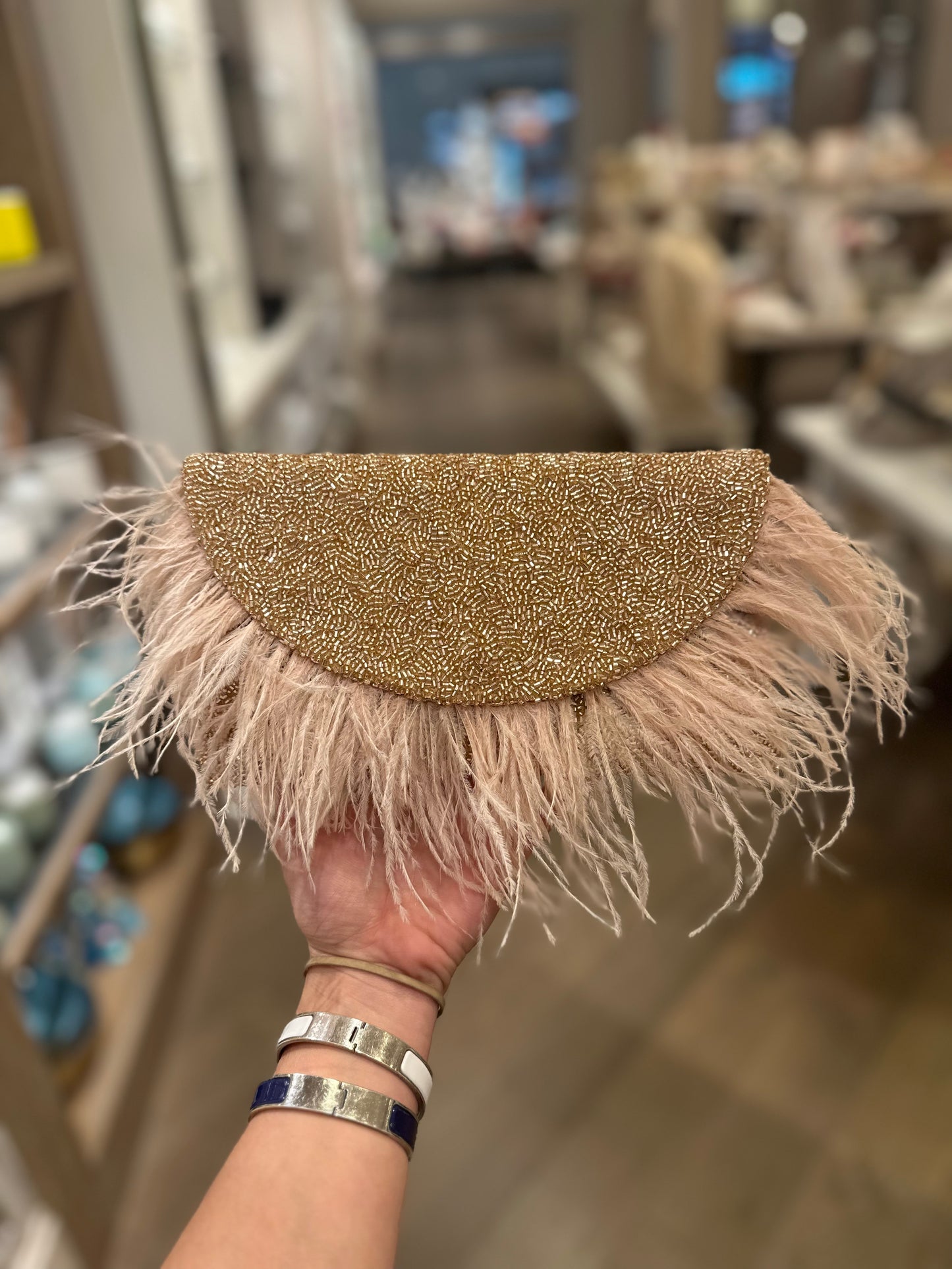 Beaded Clutch W/ Feathers & Strap