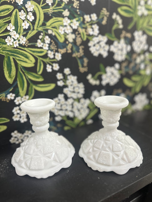 Set of 2, Westmoreland 'Old Quilt' Pattern White Milk Glass Candle Sticks