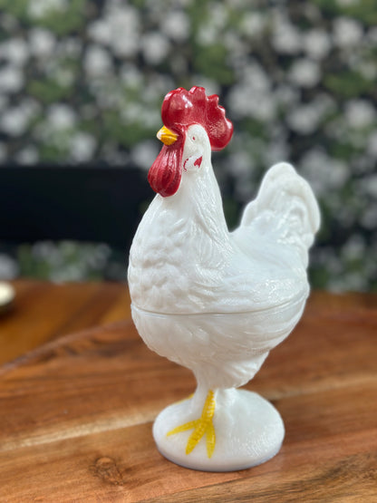 Vintage Westmoreland Painted Rooster Milk Glass Covered Dish