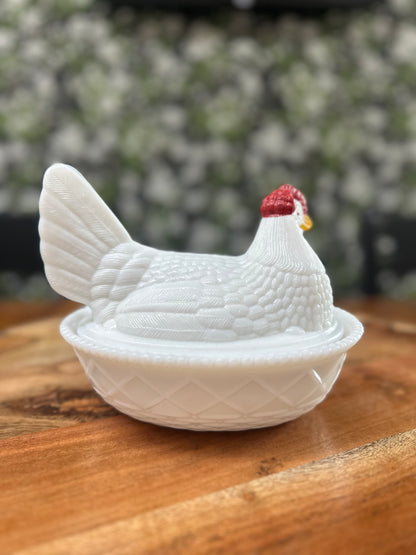 Vintage Westmoreland 7 1/2" Painted Hen on Basket