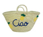 Woven bag with 'Ciao' and lemon designs on a white surface