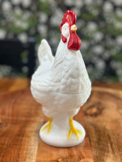 Vintage Westmoreland Painted Rooster Milk Glass Covered Dish