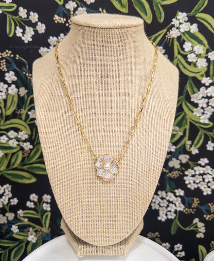 Pave + Pearl Gold Flower Paperclip Necklace