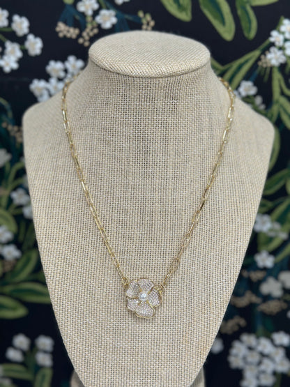 Pave + Pearl Gold Flower Paperclip Necklace