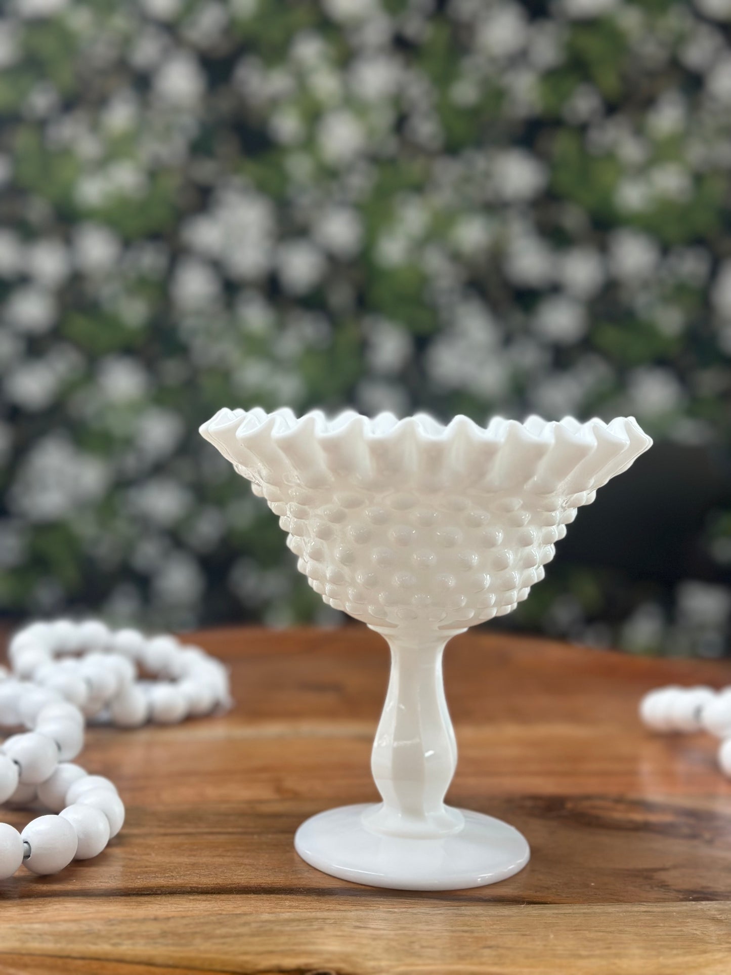 Vintage Fenton Hobnail Milk Glass Pedestal Ribbon Edge Compote Dish