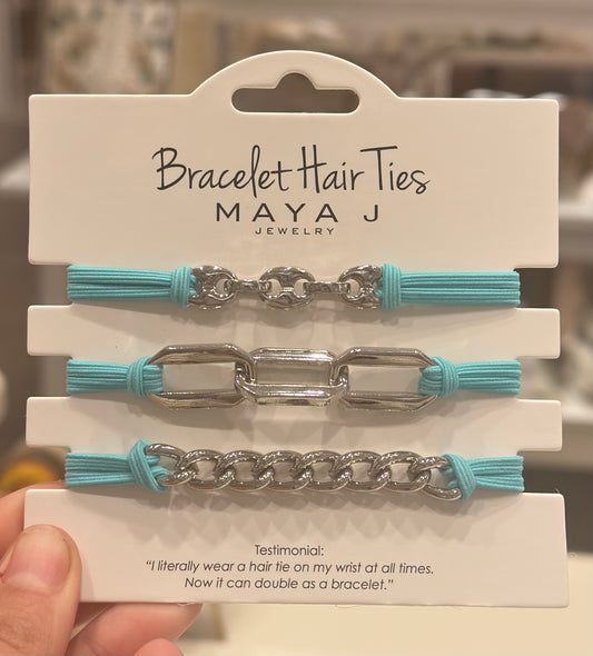 Bracelet Hair Tie - Blue Elastic Cord Silver Links