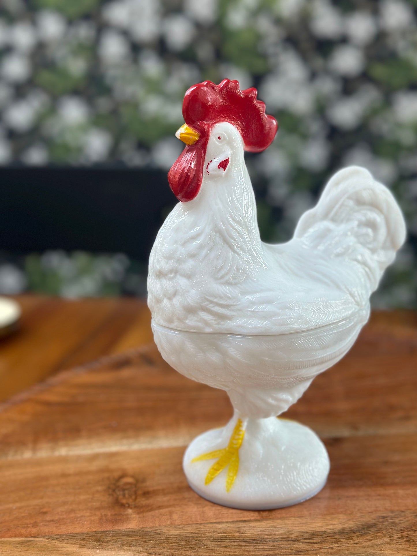 Vintage Westmoreland Painted Rooster Milk Glass Covered Dish