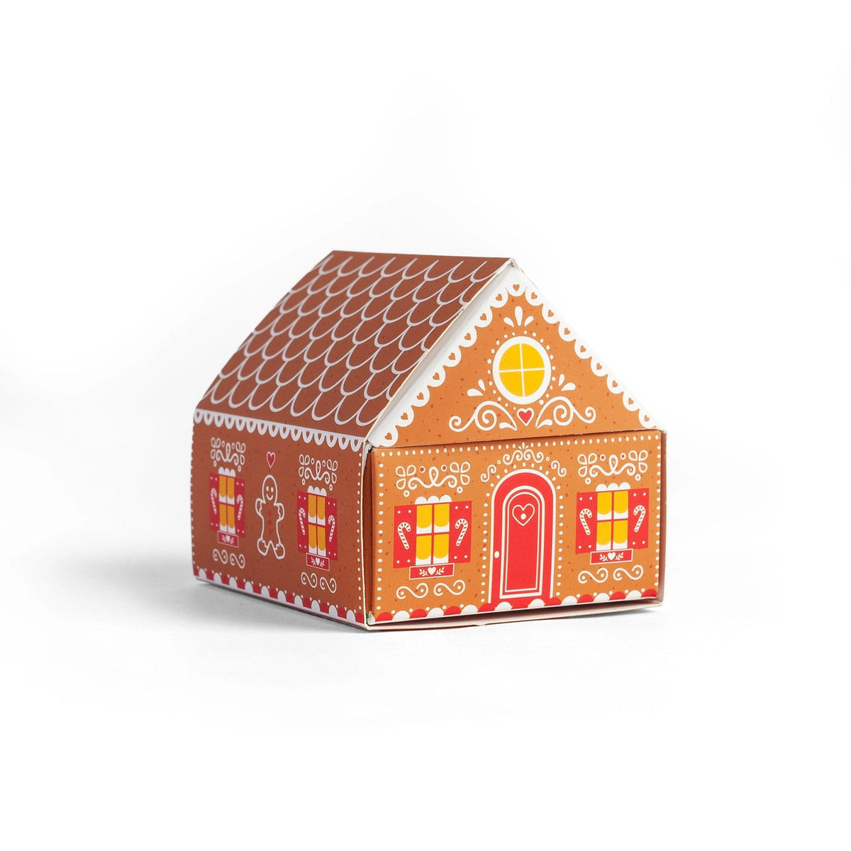 Gingerbread tiny matchbox cottage closed - a match box decorated as a gingerbread house with scalloped icing roof, red door and gingerbread men