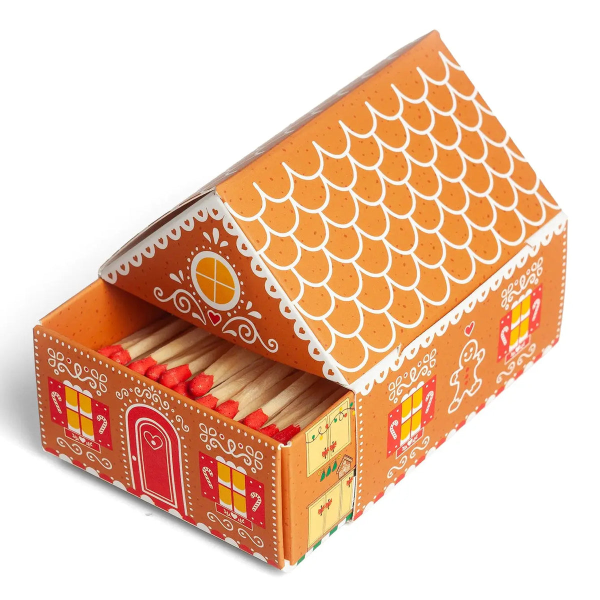 Gingerbread matchbox cottage with the drawer slid open showing 100 red-tipped matches inside