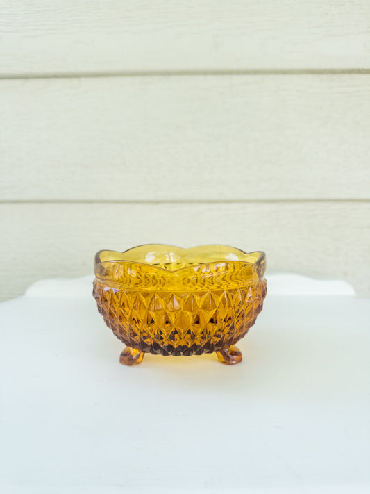 Vintage Amber Diamond Point Three-Footed Dish