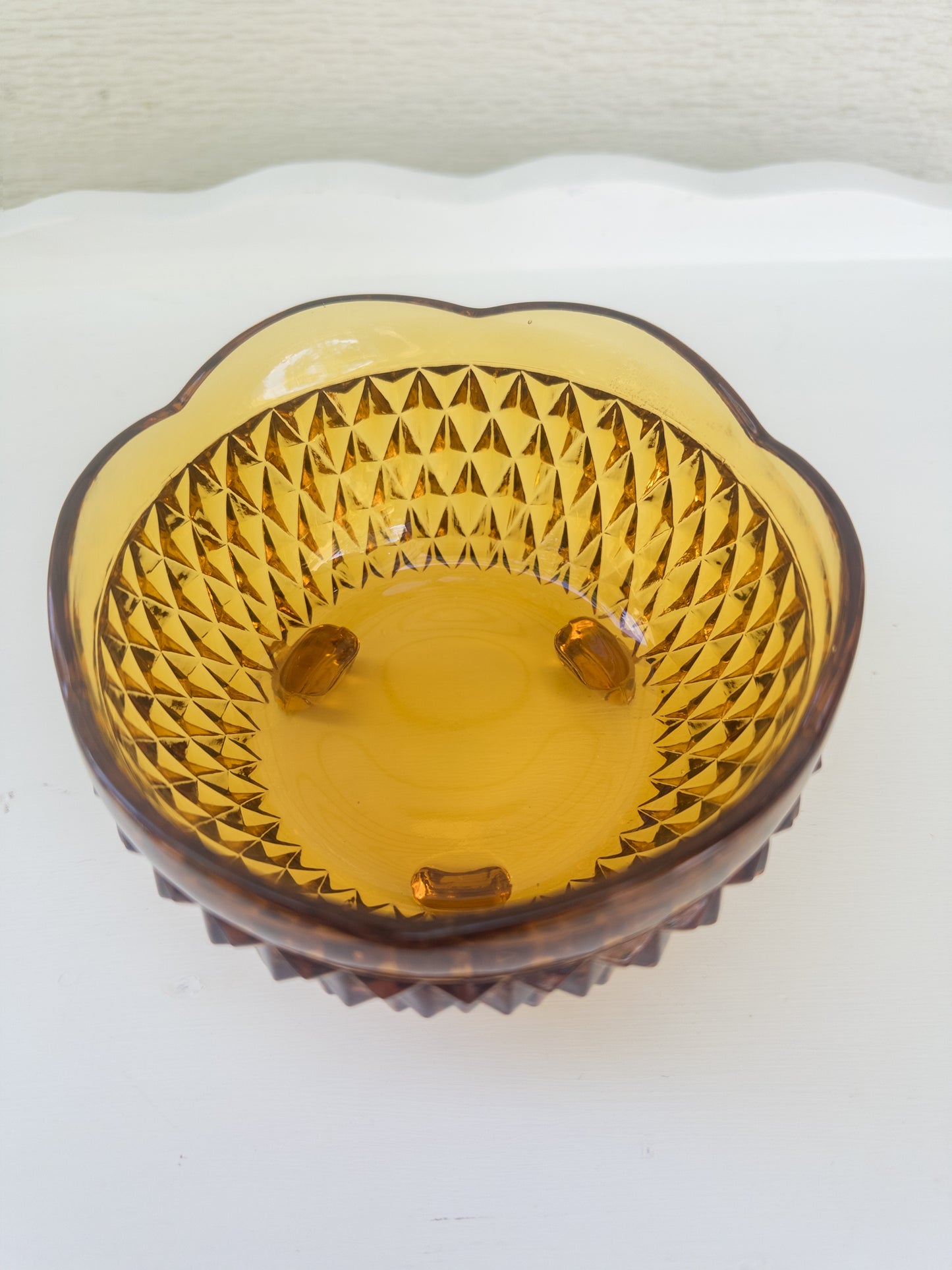 Vintage Amber Diamond Point Three-Footed Dish